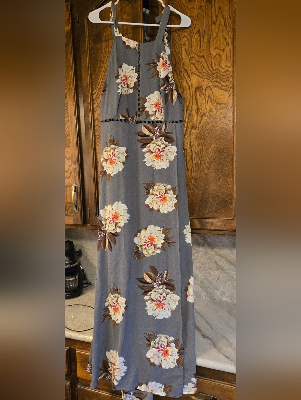 Gray Floral Maxi Skirt with Cream Blossom Print
